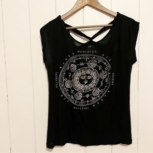 Ardene Black Horoscope T-Shirt. Low back with strap detailing. Size Large.